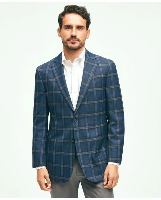 Brooks Brothers Herren Sportjacke im klassischen Schnitt aus Woll-Hopsack mit aufgesetzten Taschen im Karomuster, Marineblau Brooks Brothers