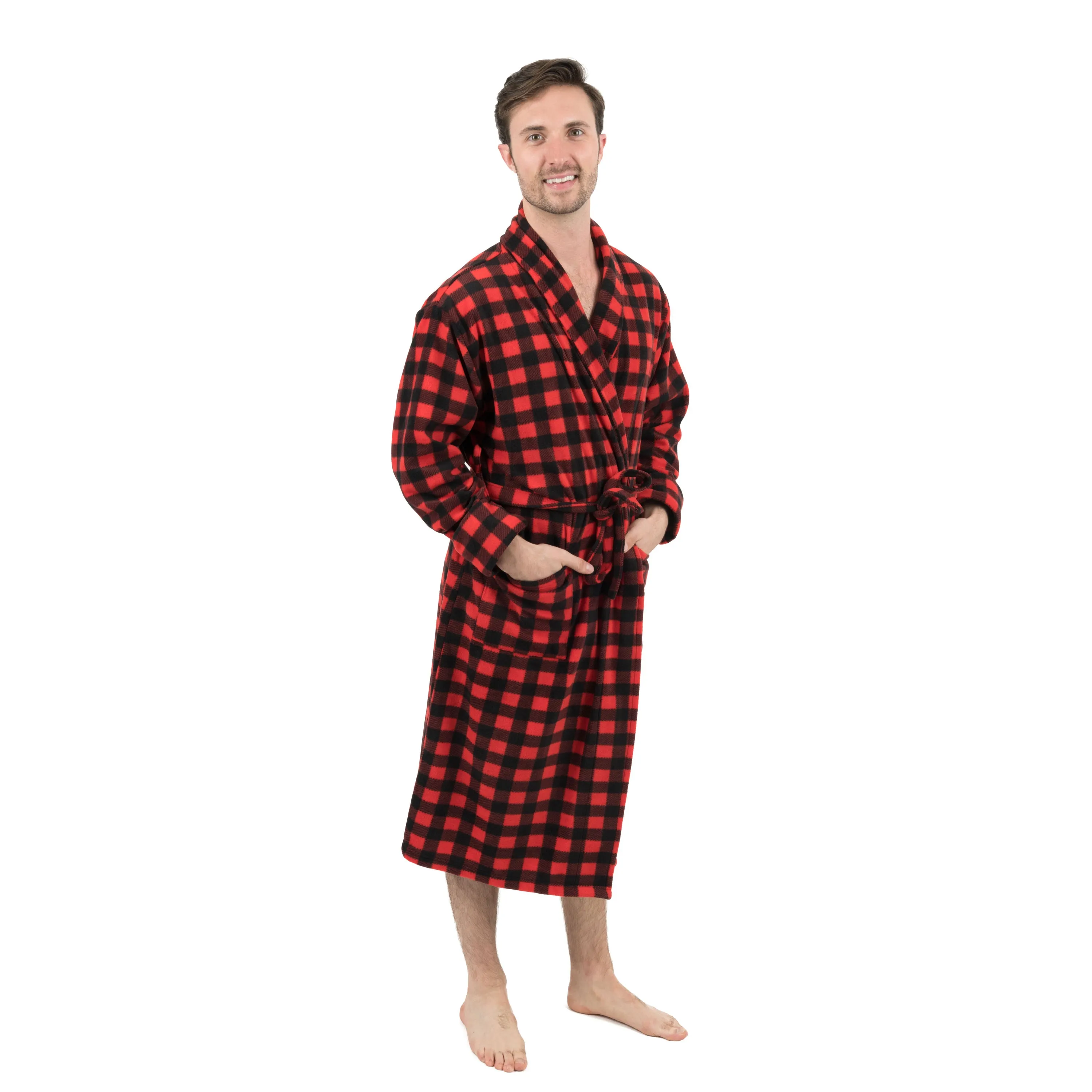 Weihnachts-Fleece-Bademantel für Herren im Karomuster
