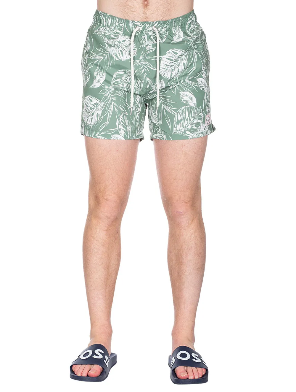 Klassische Passform Kurzshorts mit Tropenblatt-Print in Kalamata-Grün