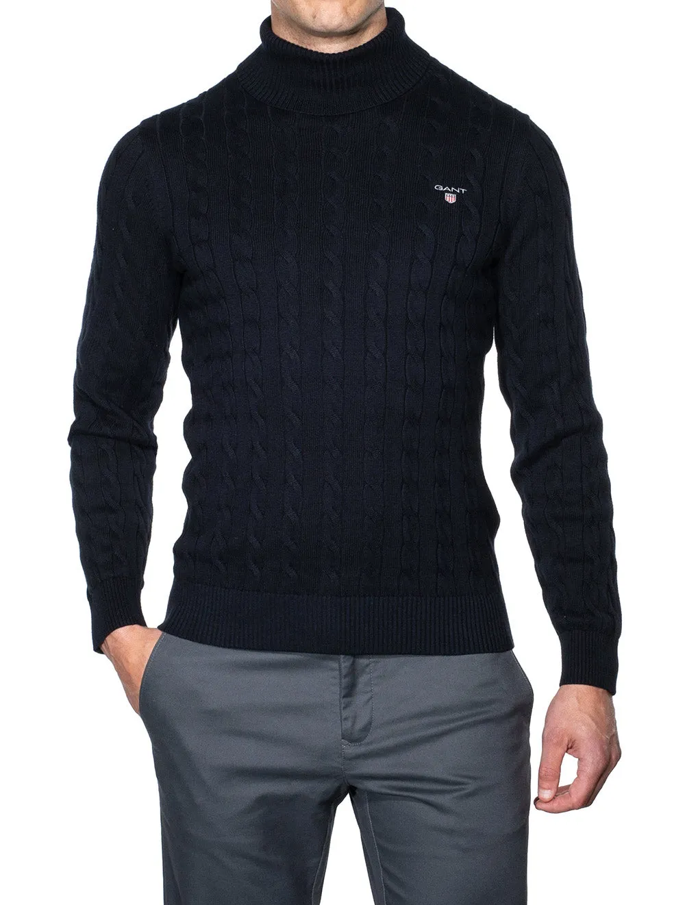 Baumwoll-Rippstrick-Rollkragenpullover Abendblau
