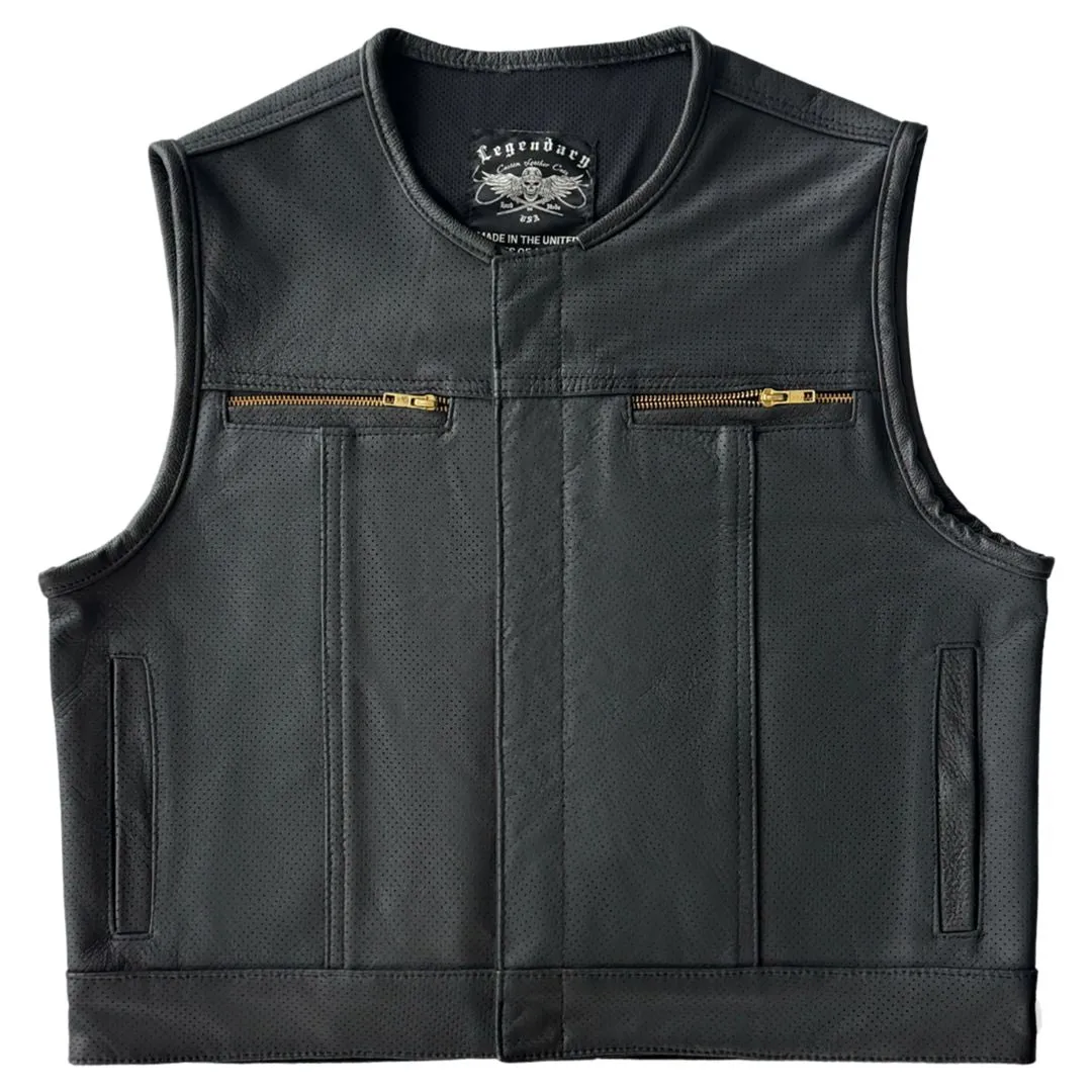 Legendärer 'Lowlife Z Perforated' Schwarzer Kurzgeschnittener Passgenauer Leder Club Style Motorrad-Weste