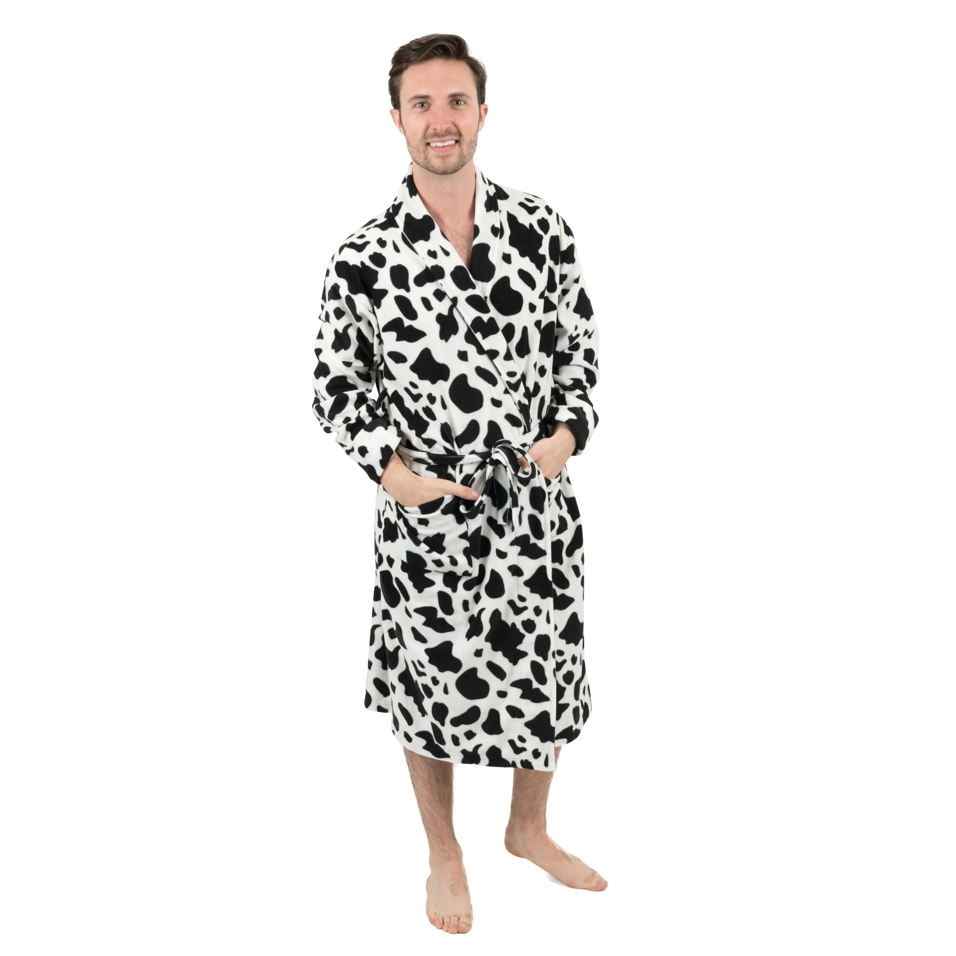 Herren Fleece Bademantel Kuh Schwarz