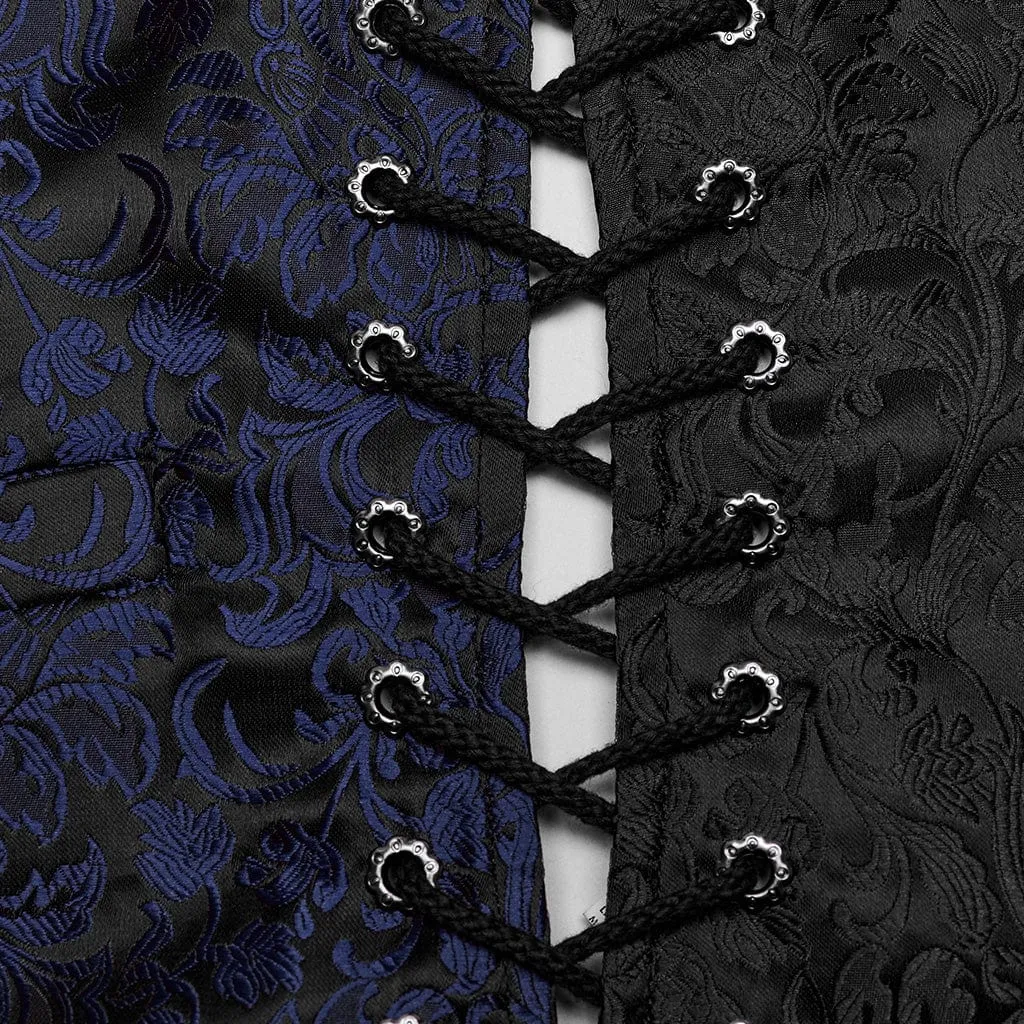 Herren Gothic Blumenjacquard-Schnürweste in Schwarz und Blau