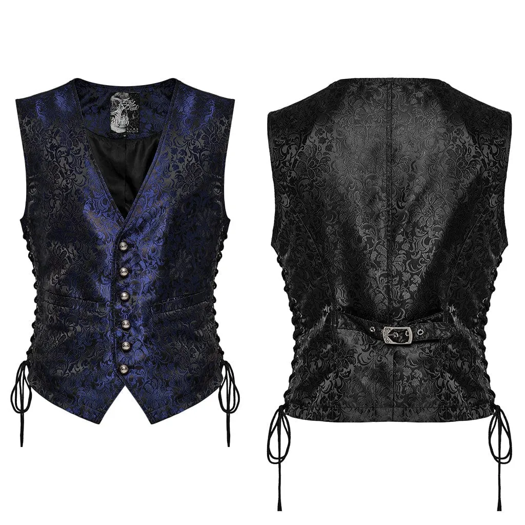 Herren Gothic Blumenjacquard-Schnürweste in Schwarz und Blau