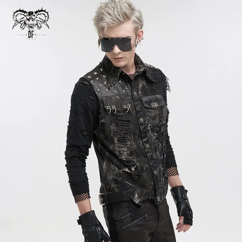 Herren Gothic Mesh Splice Nieten Vintage Weste