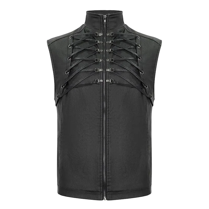 Herren Gothic Riemchen Stehkragen Kunstleder Weste