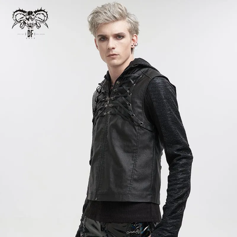 Herren Gothic Riemchen Stehkragen Kunstleder Weste
