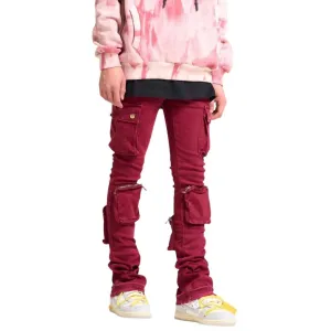 Herren Cargo Flare Stack Denim Jeans in Burgunder - Never Look Back