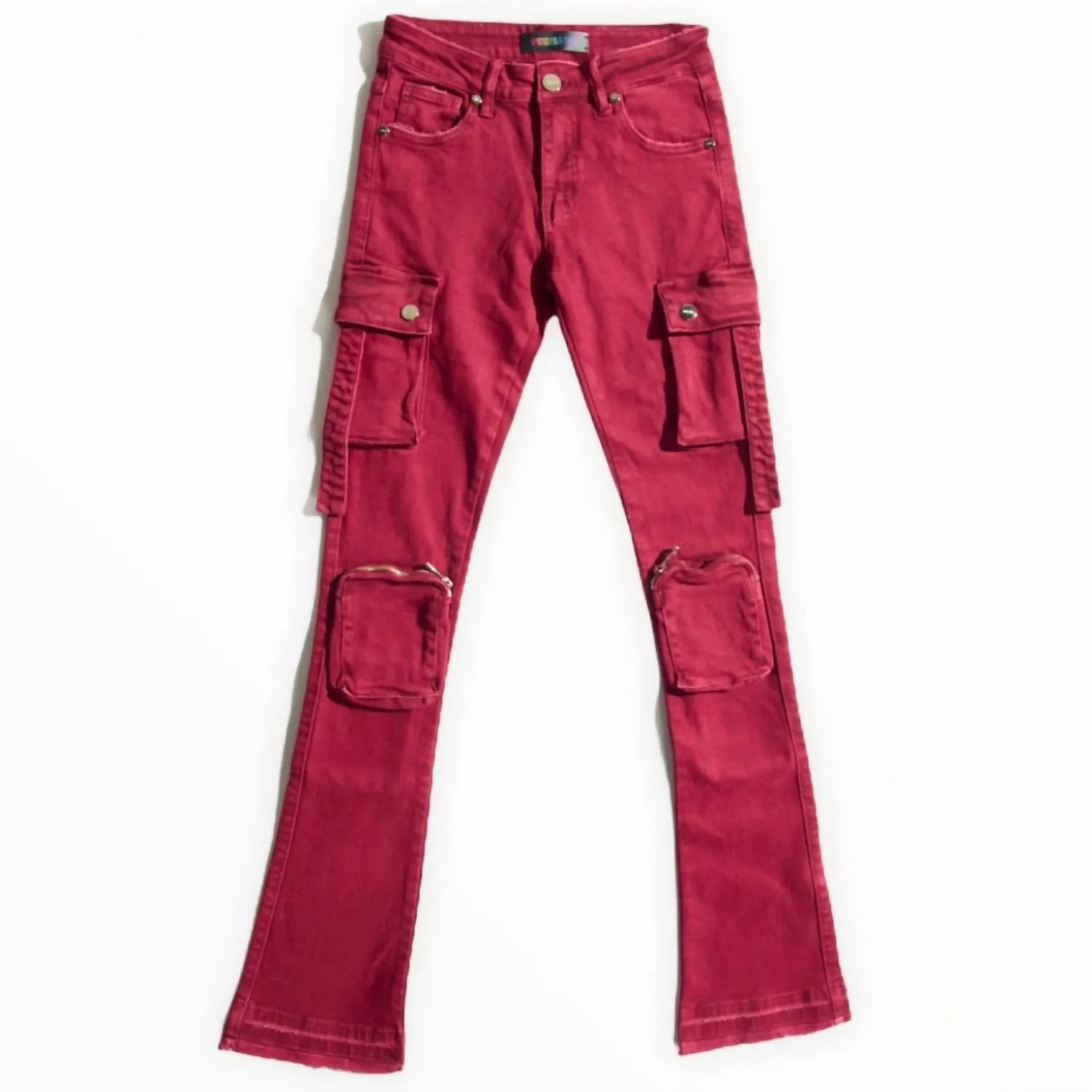 Herren Cargo Flare Stack Denim Jeans in Burgunder - Never Look Back