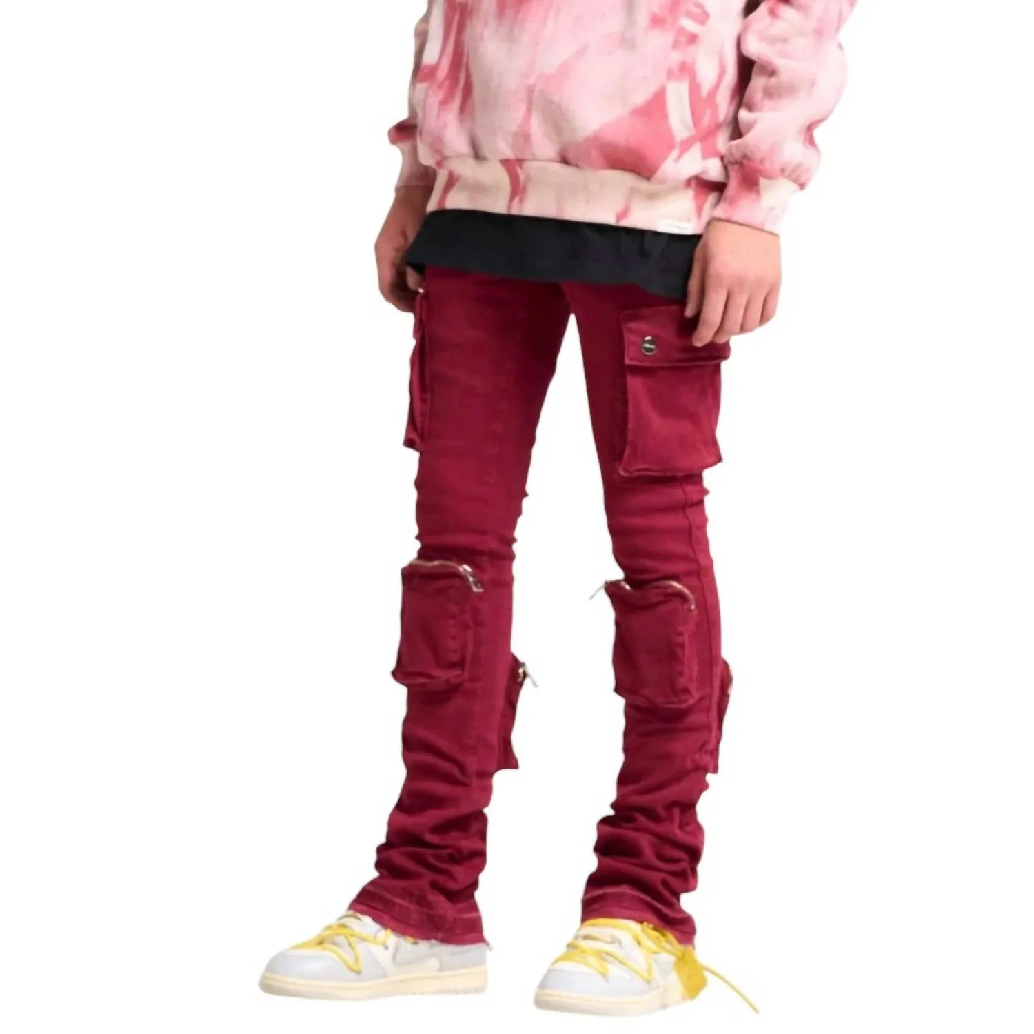 Herren Cargo Flare Stack Denim Jeans in Burgunder - Never Look Back