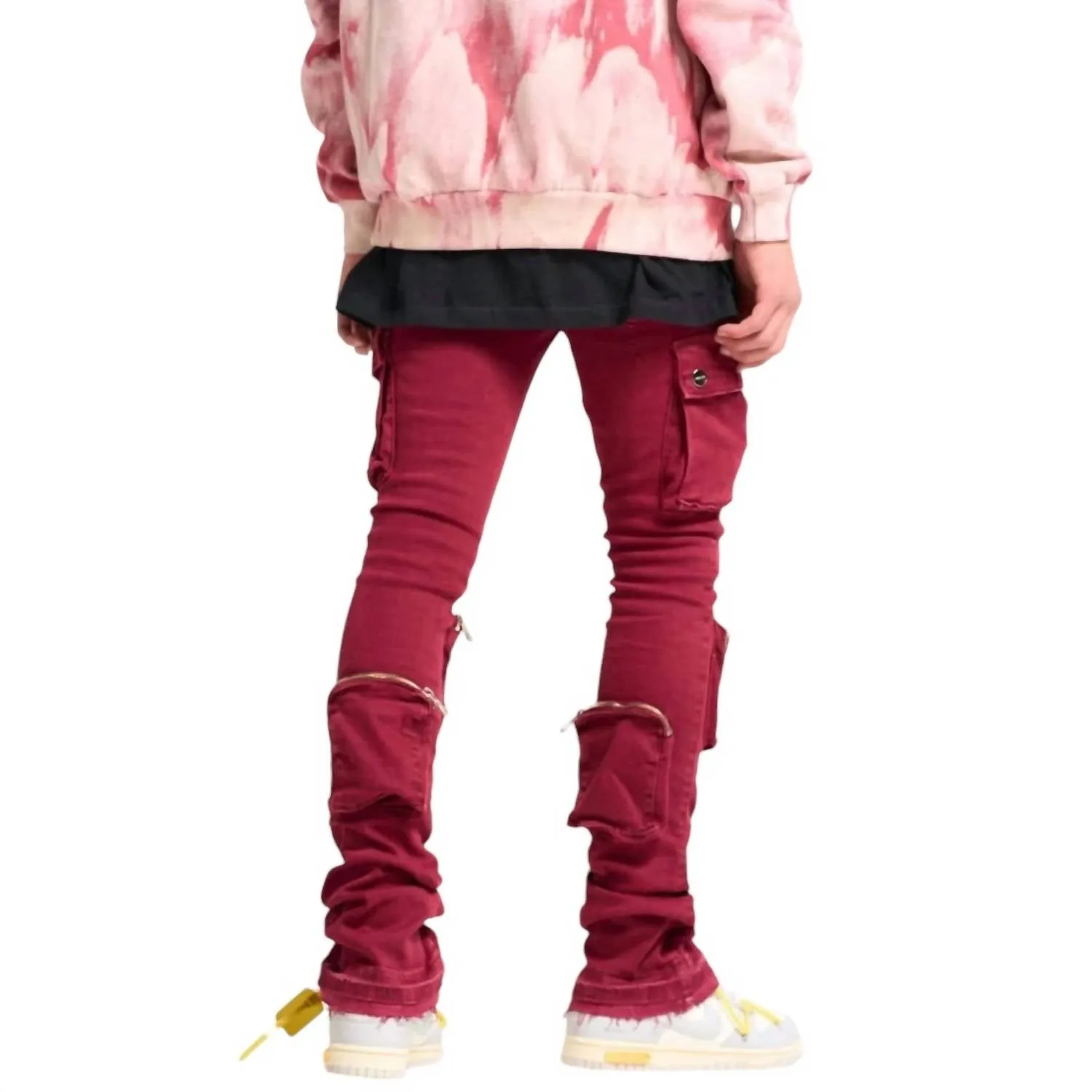 Herren Cargo Flare Stack Denim Jeans in Burgunder - Never Look Back