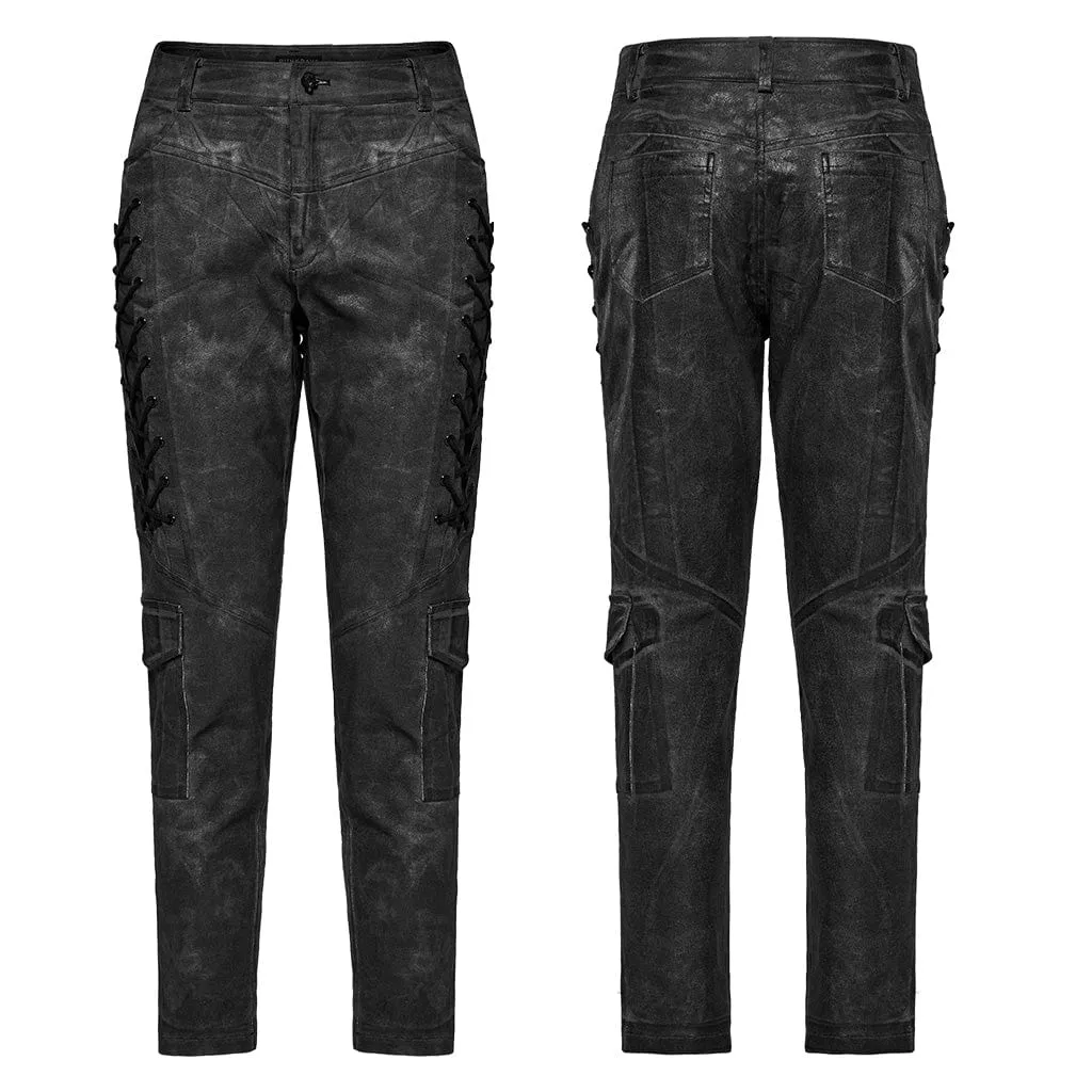 Herren Punk Gothic Hose mit großen Taschen und Riemchen in Schwarz-Grau