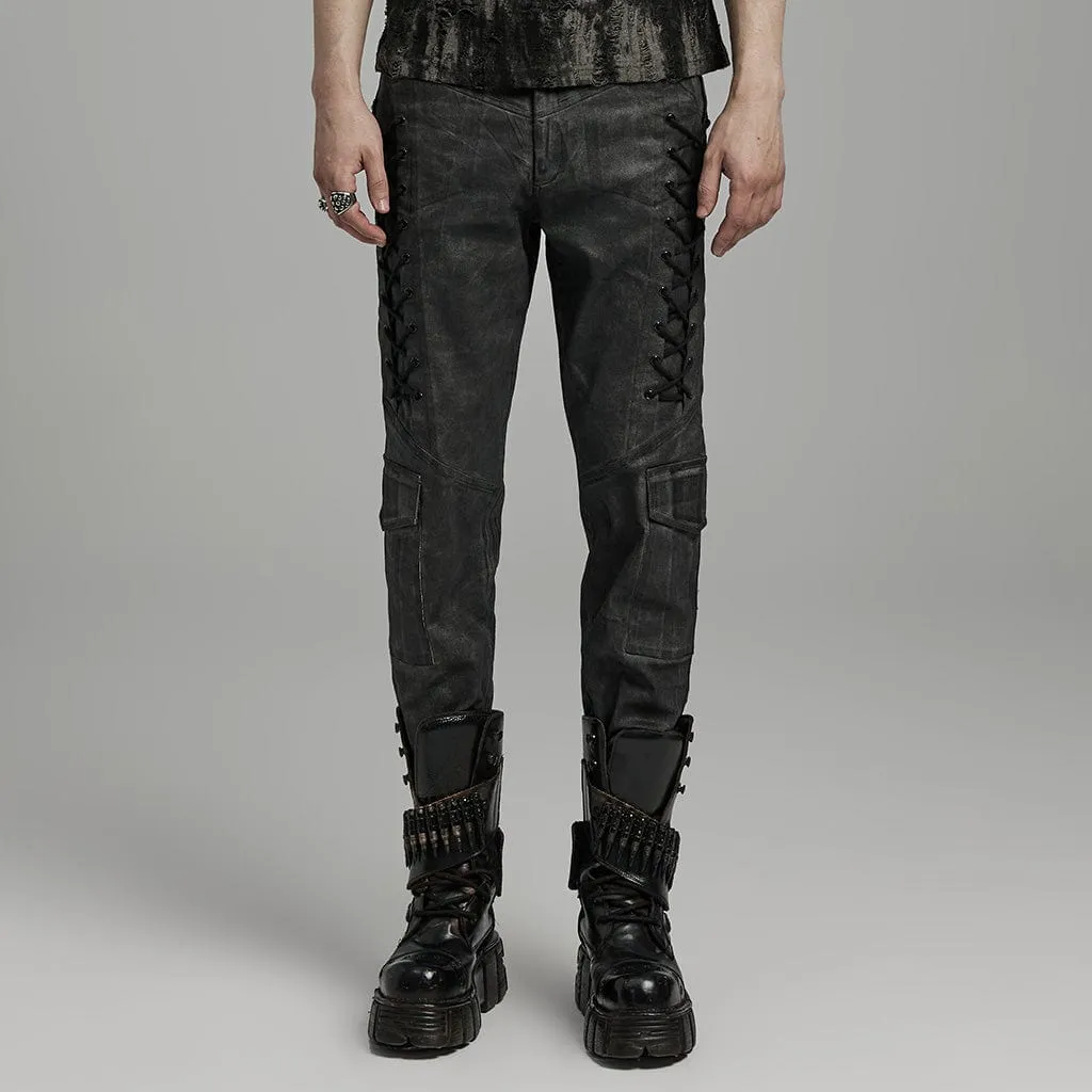 Herren Punk Gothic Hose mit großen Taschen und Riemchen in Schwarz-Grau