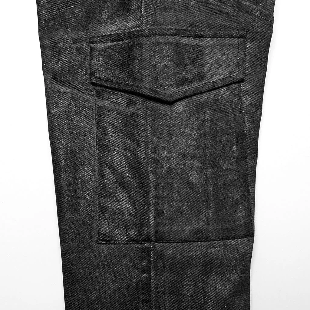 Herren Punk Gothic Hose mit großen Taschen und Riemchen in Schwarz-Grau