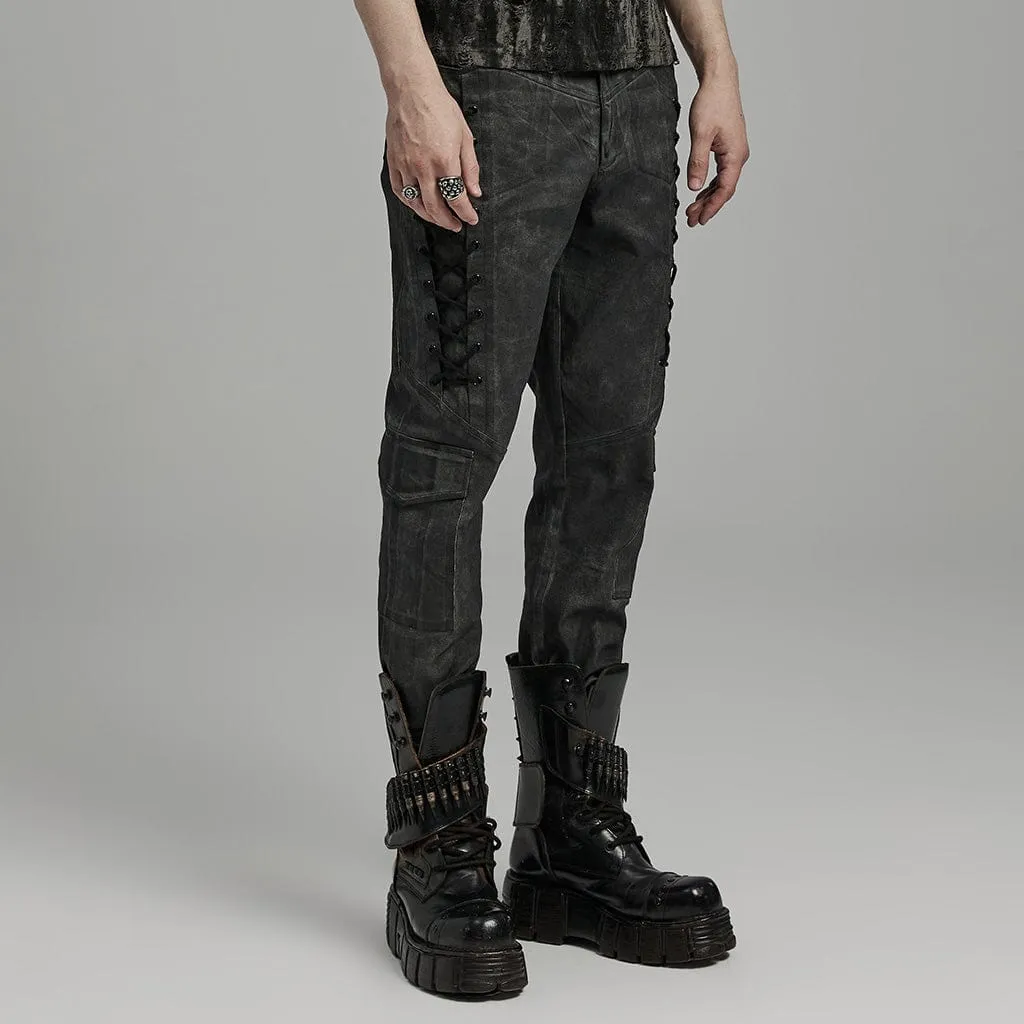 Herren Punk Gothic Hose mit großen Taschen und Riemchen in Schwarz-Grau