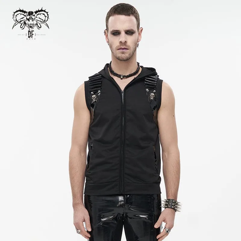 Herren-Punk-Skull-Kunstleder-Splice-Weste mit Kapuze