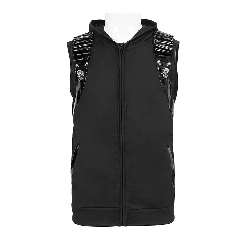 Herren-Punk-Skull-Kunstleder-Splice-Weste mit Kapuze