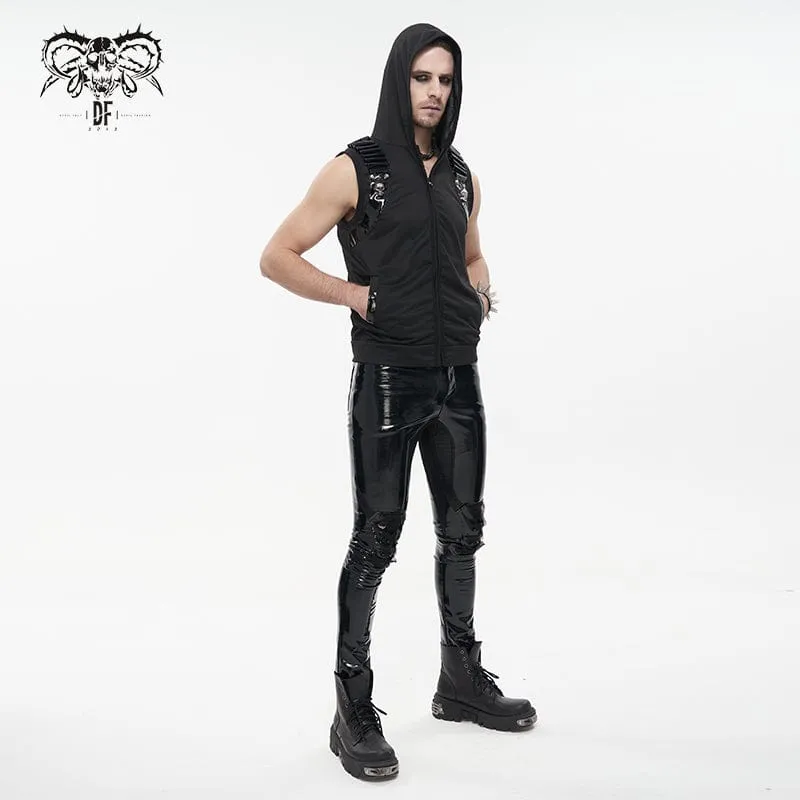 Herren-Punk-Skull-Kunstleder-Splice-Weste mit Kapuze