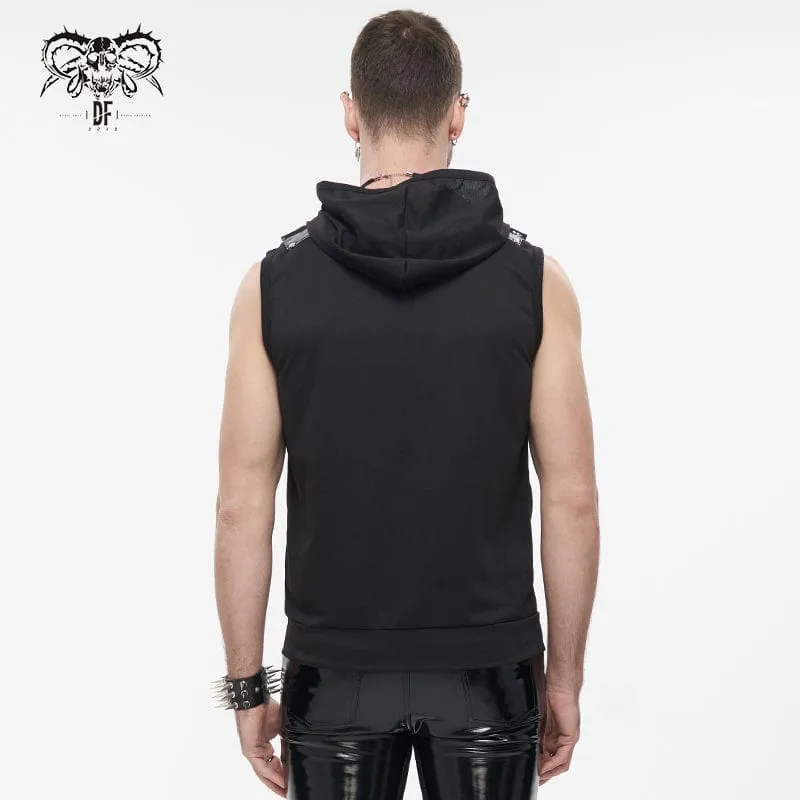 Herren-Punk-Skull-Kunstleder-Splice-Weste mit Kapuze