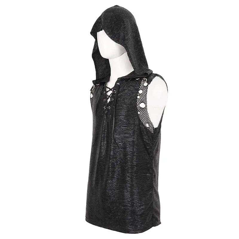 Männer-Punk-Netz-Vest mit Kapuze und Riemchen