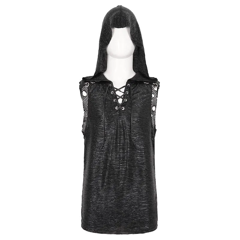 Männer-Punk-Netz-Vest mit Kapuze und Riemchen