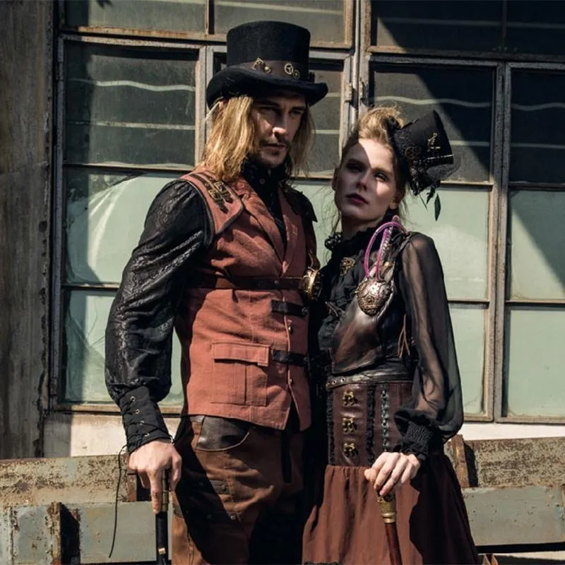 Herren Steampunk Kunstleder-Akzent Explorer-Weste