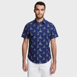Nautica Herren Big & Tall Segelboot-Druck Classic Fit Stretch Poplin-Hemd Blautöne Nautica
